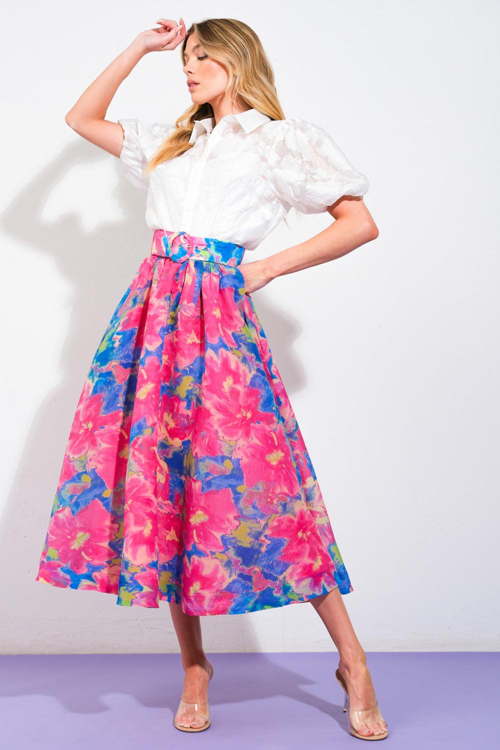 Flying Tomato SWEET VISION WOVEN MIDI SKIRT, a flowing, patterned midi skirt crafted for elegant everyday wear.