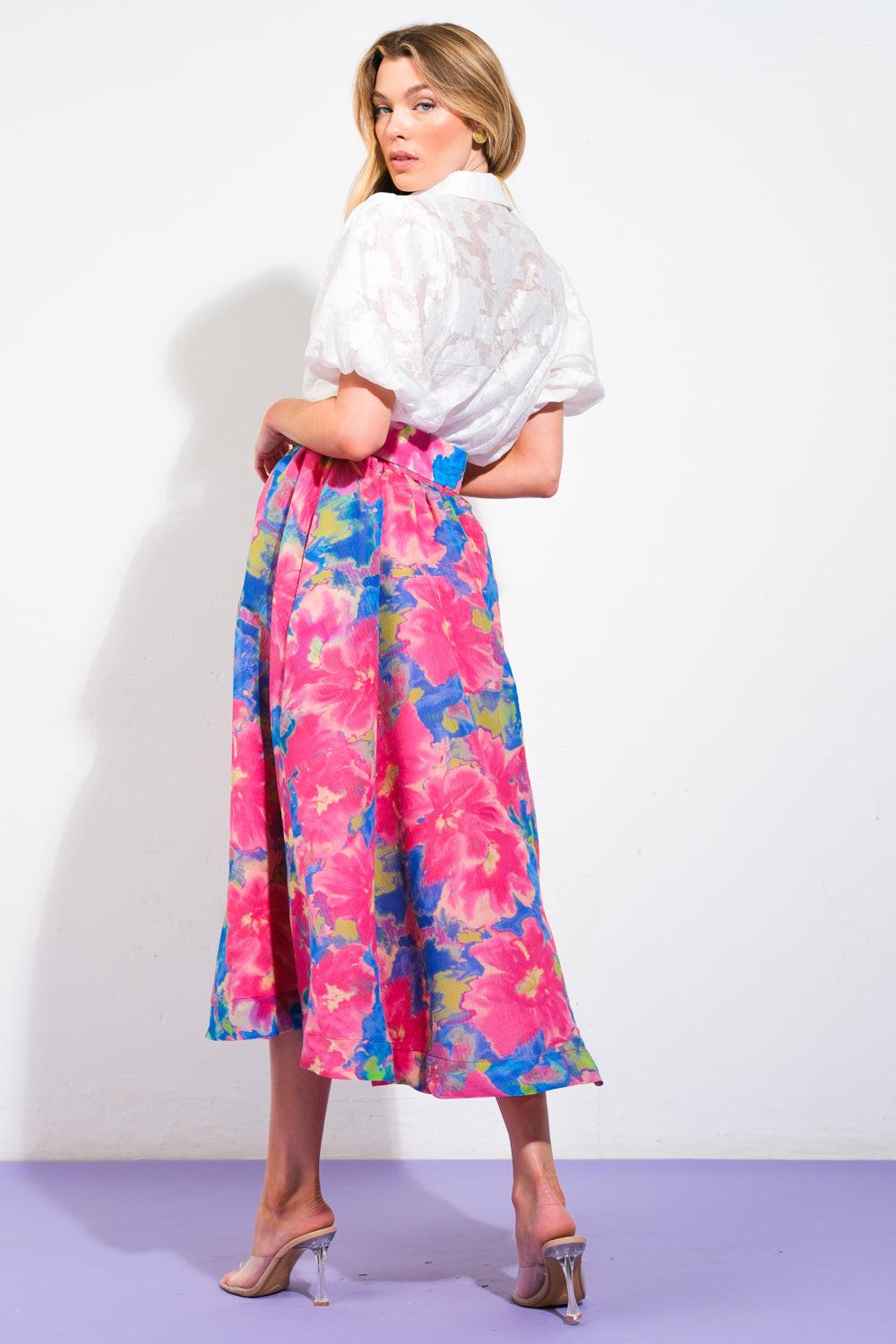 Close-up of the intricate woven fabric and unique pattern on the Flying Tomato SWEET VISION WOVEN MIDI SKIRT.