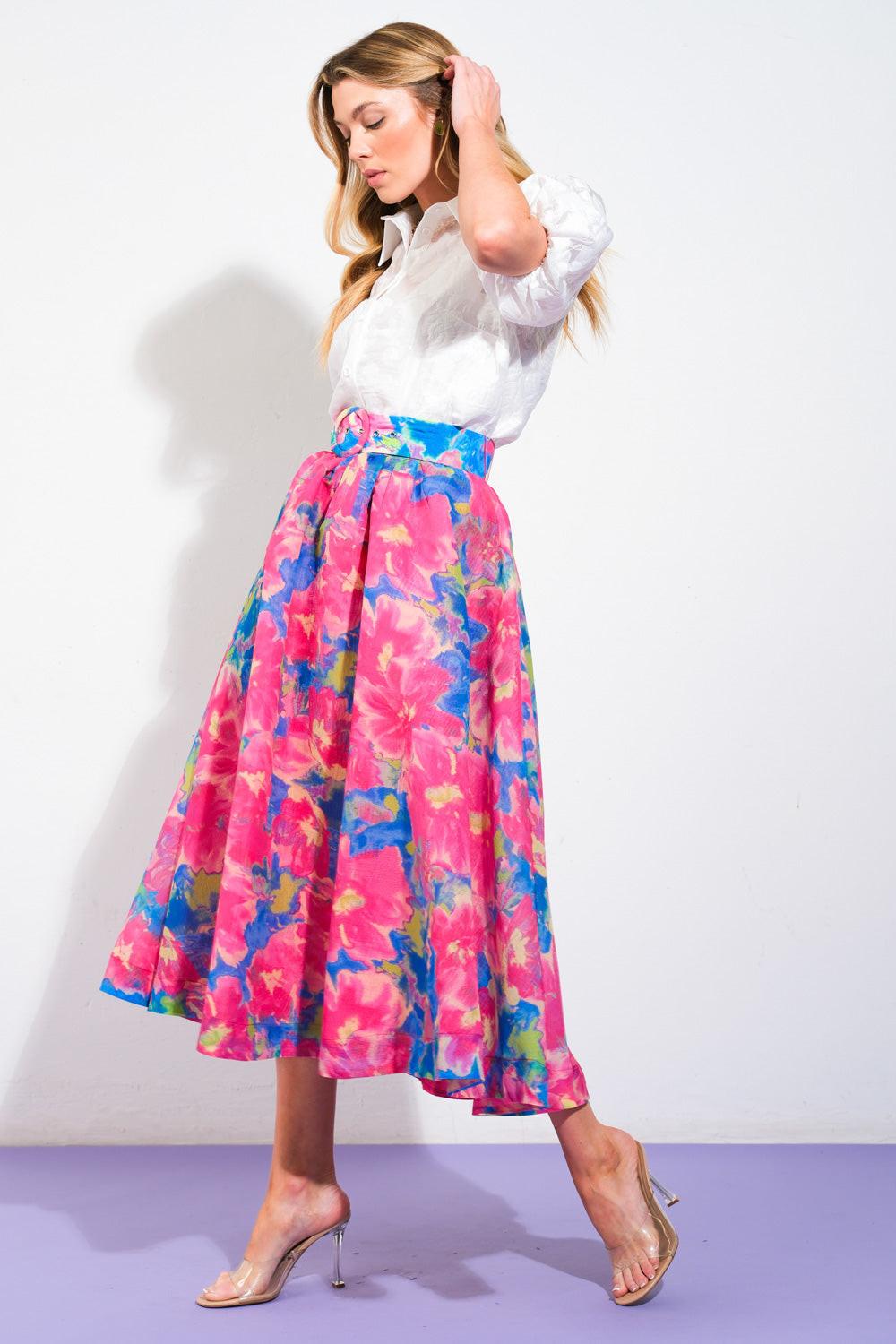 Detail of the refined hemline and quality stitching on the Flying Tomato SWEET VISION WOVEN MIDI SKIRT, ensuring durability.