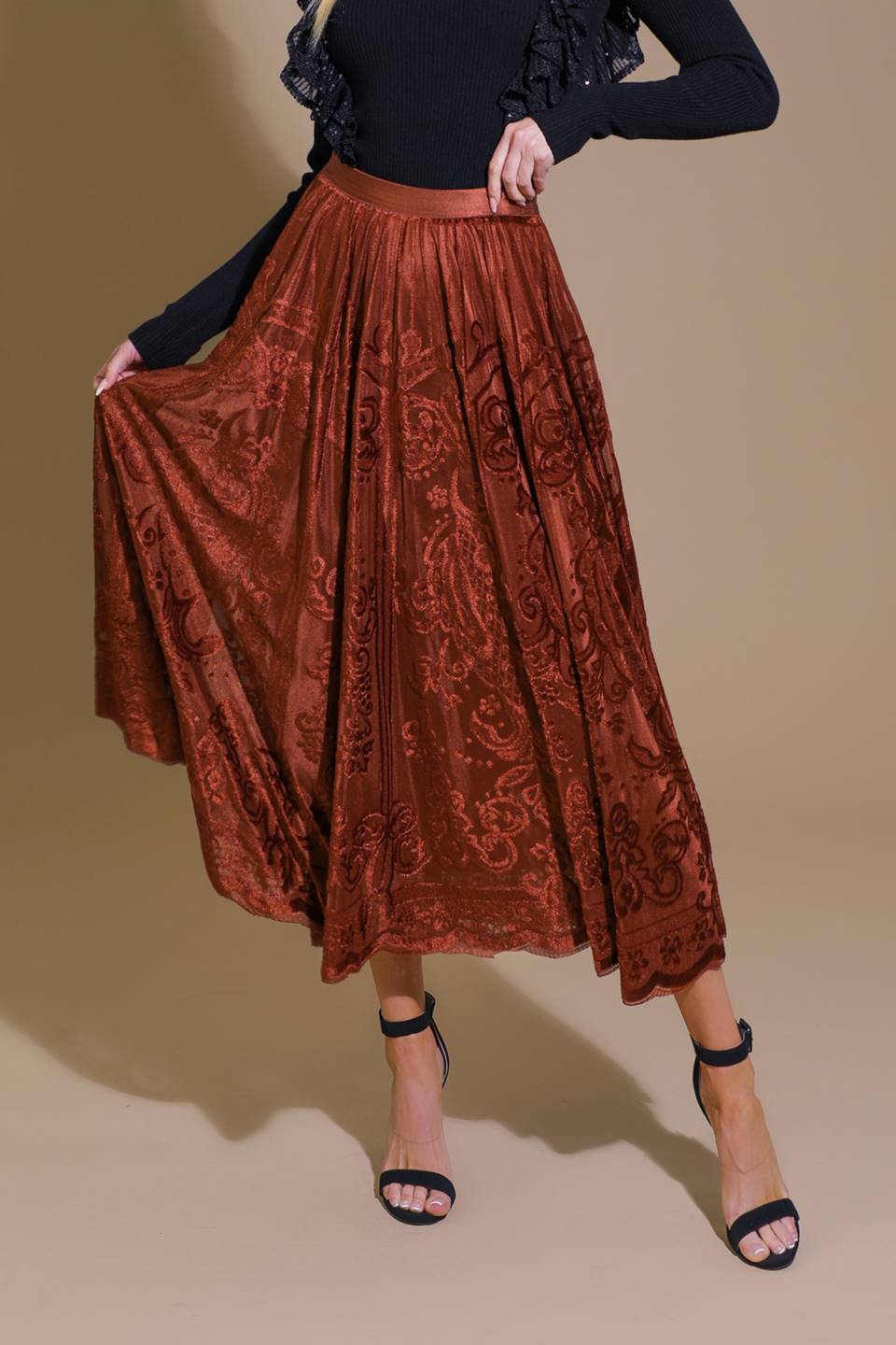 EASE MY MIND VELVET MIDI SKIRT Flying Tomato