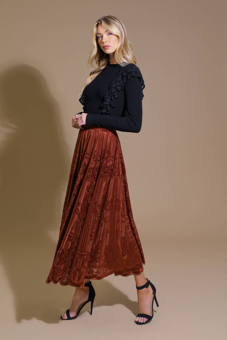 EASE MY MIND VELVET MIDI SKIRT