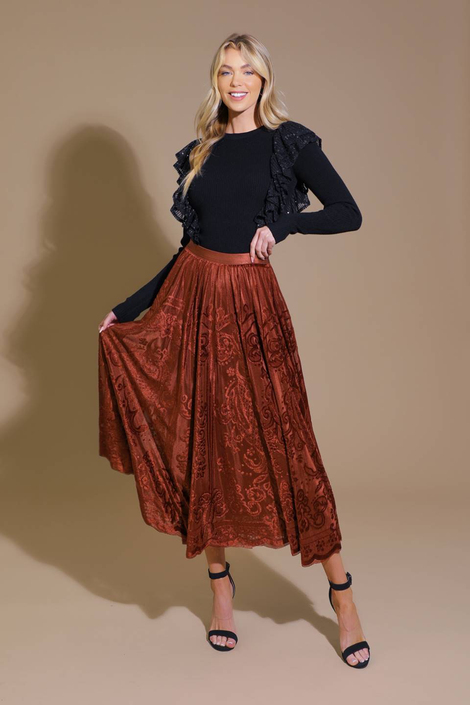 EASE MY MIND VELVET MIDI SKIRT