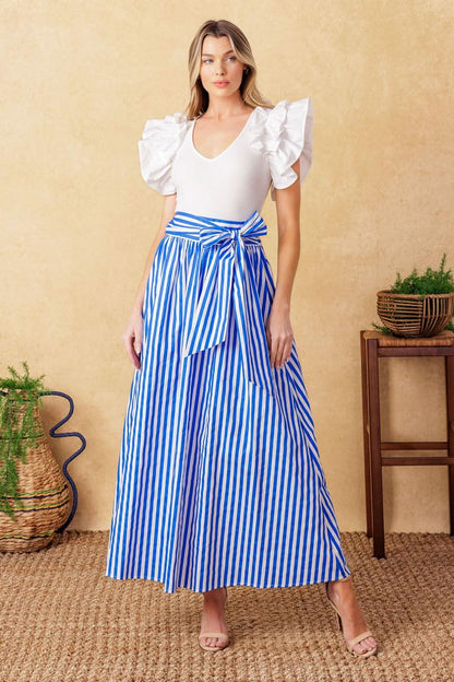 STRIPED MIDI SKIRT WITH SASH TIE