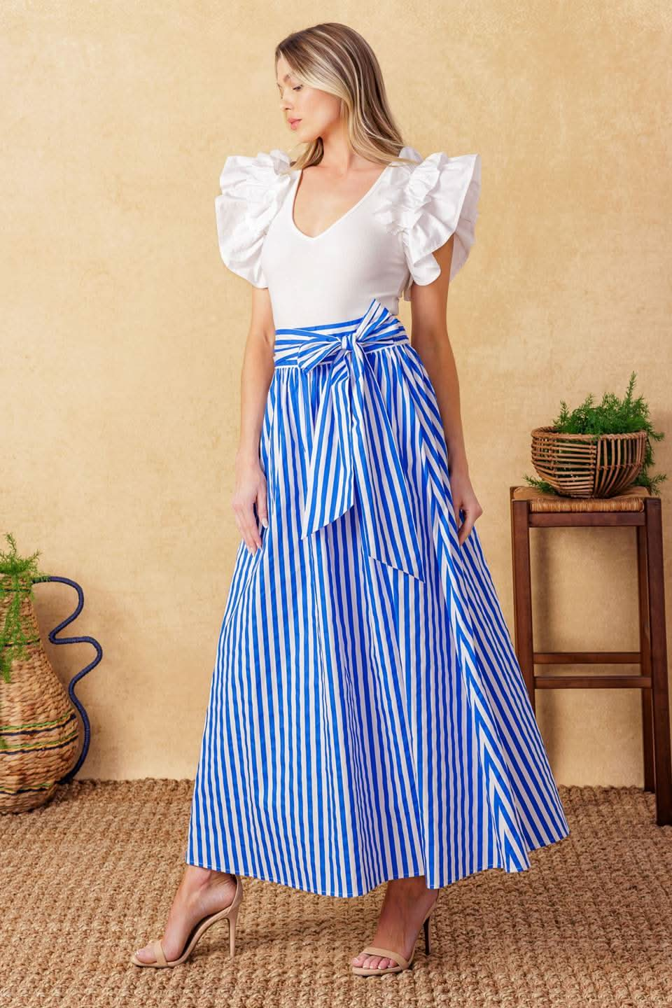 STRIPED MIDI SKIRT WITH SASH TIE