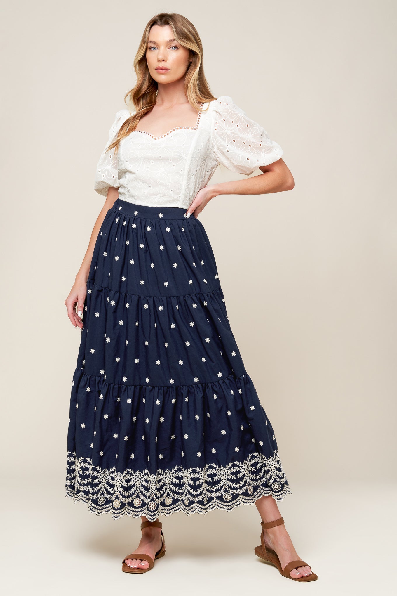 Bebe Alert Navy Woven Midi Skirt with Tiered Detail