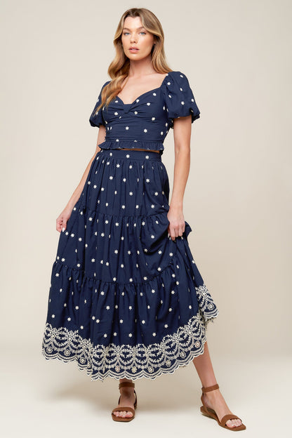 Bebe Alert Navy Woven Midi Skirt with Tiered Detail