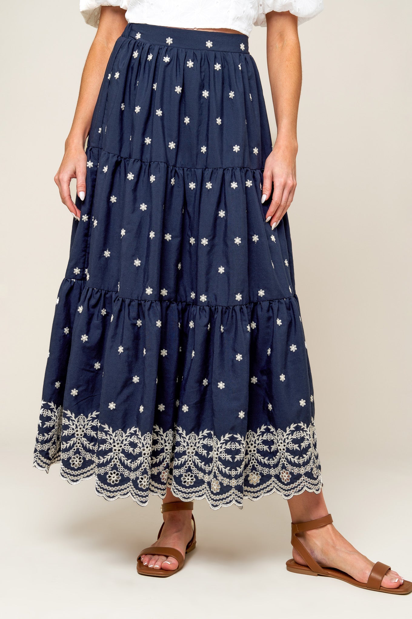 Bebe Alert Navy Woven Midi Skirt with Tiered Detail