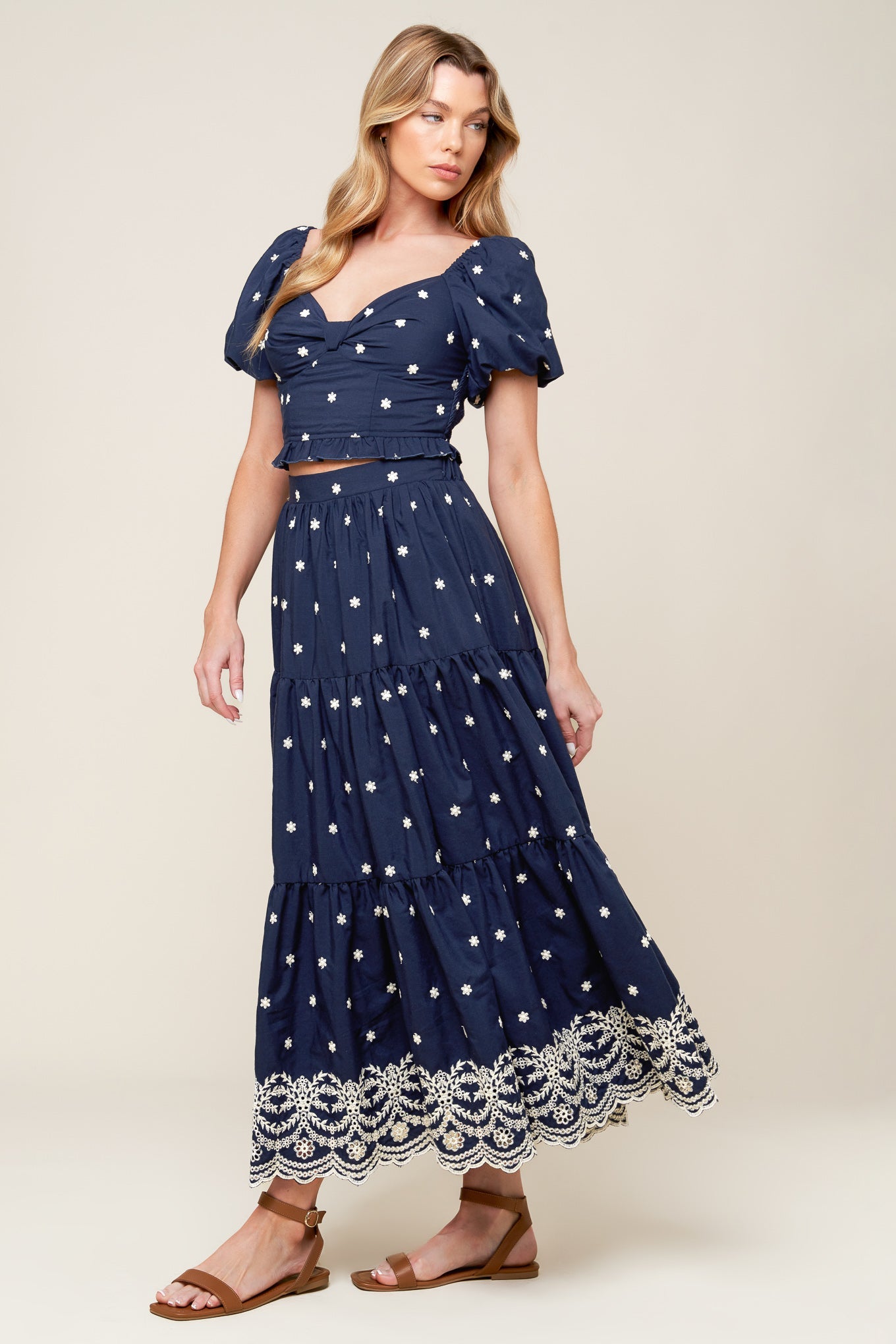 Bebe Alert Navy Woven Midi Skirt with Tiered Detail