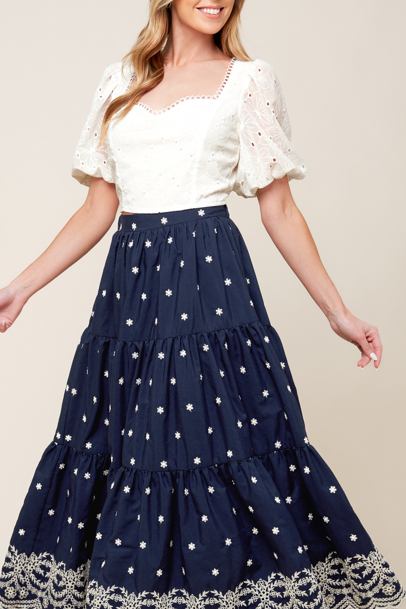 Bebe Alert Navy Woven Midi Skirt with Tiered Detail