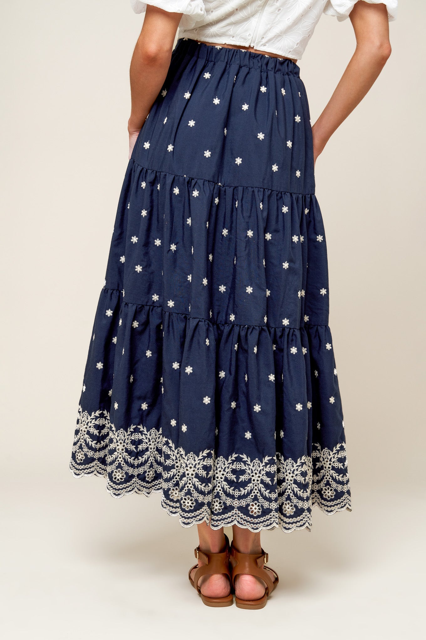 Bebe Alert Navy Woven Midi Skirt with Tiered Detail