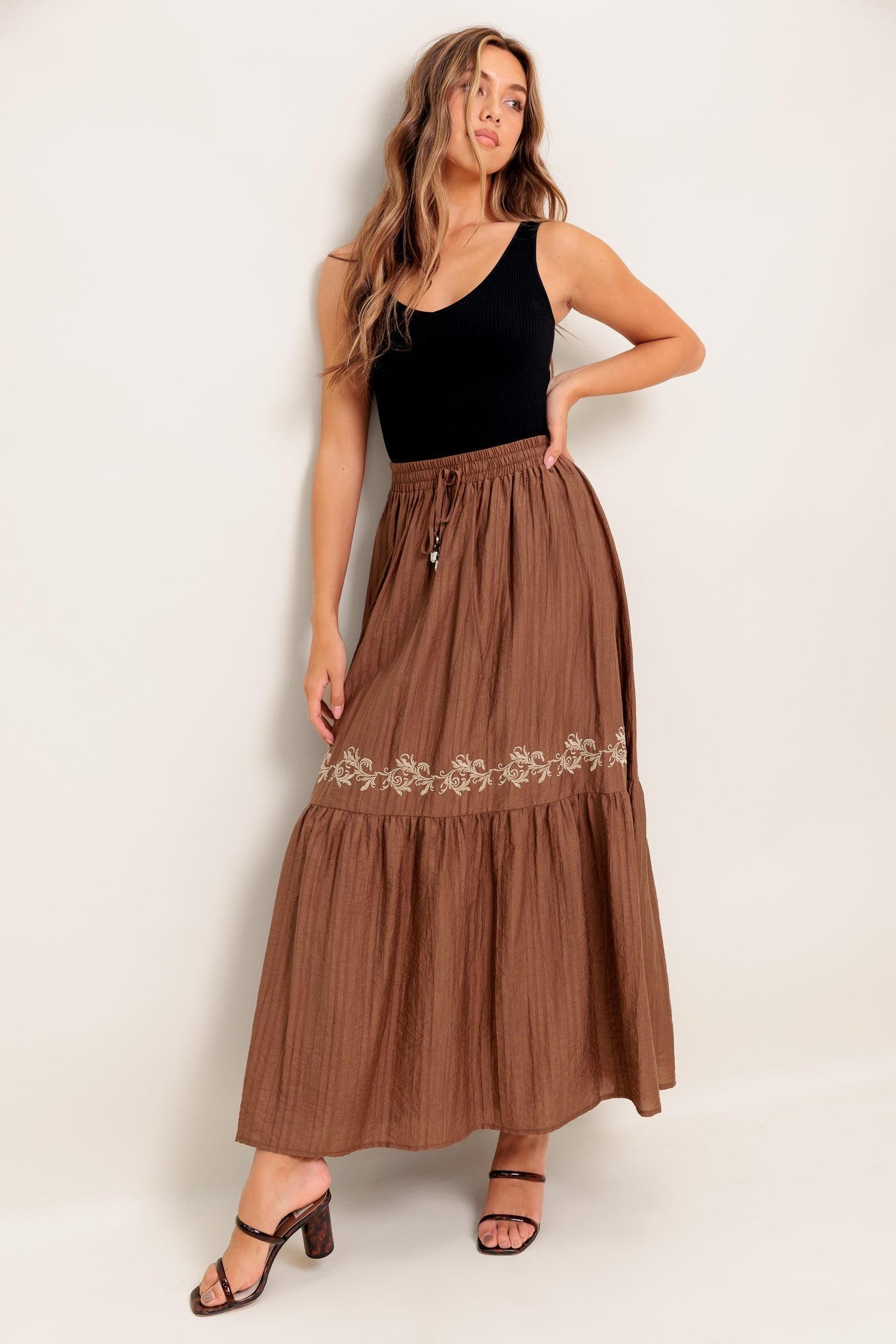 FULL SPEED AHEAD BROWN WOVEN MAXI SKIRT Flying Tomato