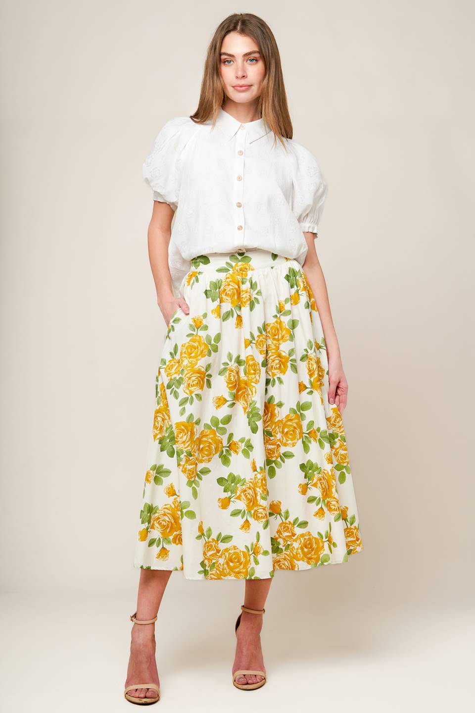 EVERY SUNDAY CREAM WOVEN MIDI SKIRT