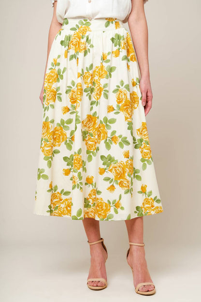 Every Sunday Cream Woven Full Skirt with Floral Print