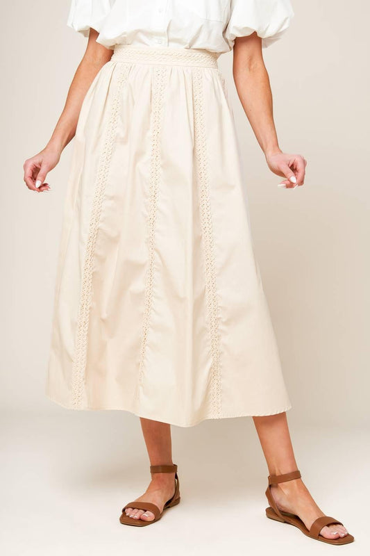 Flying Tomato Layton Cream Woven Midi Skirt, showcasing its elegant cream color and textured woven fabric.
