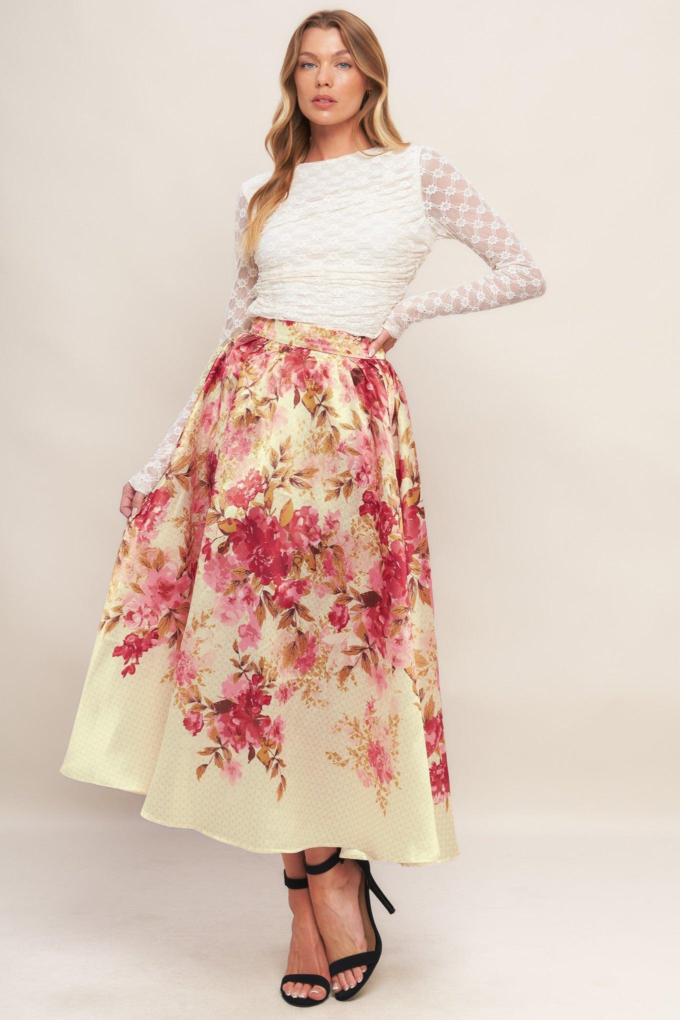 Model wearing the Flying Tomato Blossom Dream Ballerina Woven Full Midi Skirt, demonstrating its versatile style for various 