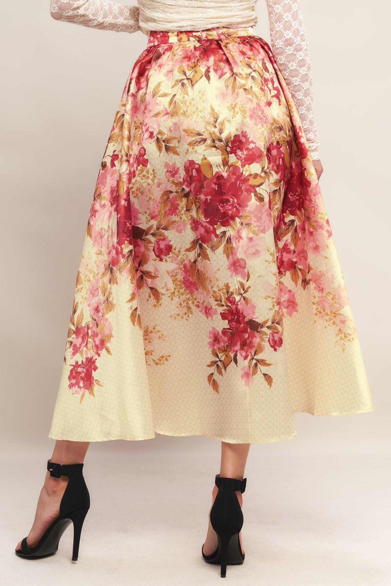 Side view of the Flying Tomato Blossom Dream Ballerina Woven Full Midi Skirt, illustrating its comfortable fit and midi lengt