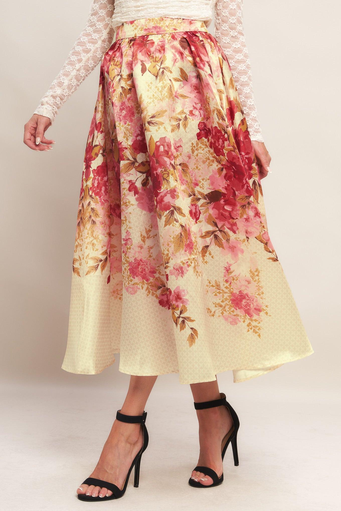 Back view of the Flying Tomato Blossom Dream Woven Full Midi Skirt, emphasizing the graceful drape and quality construction.