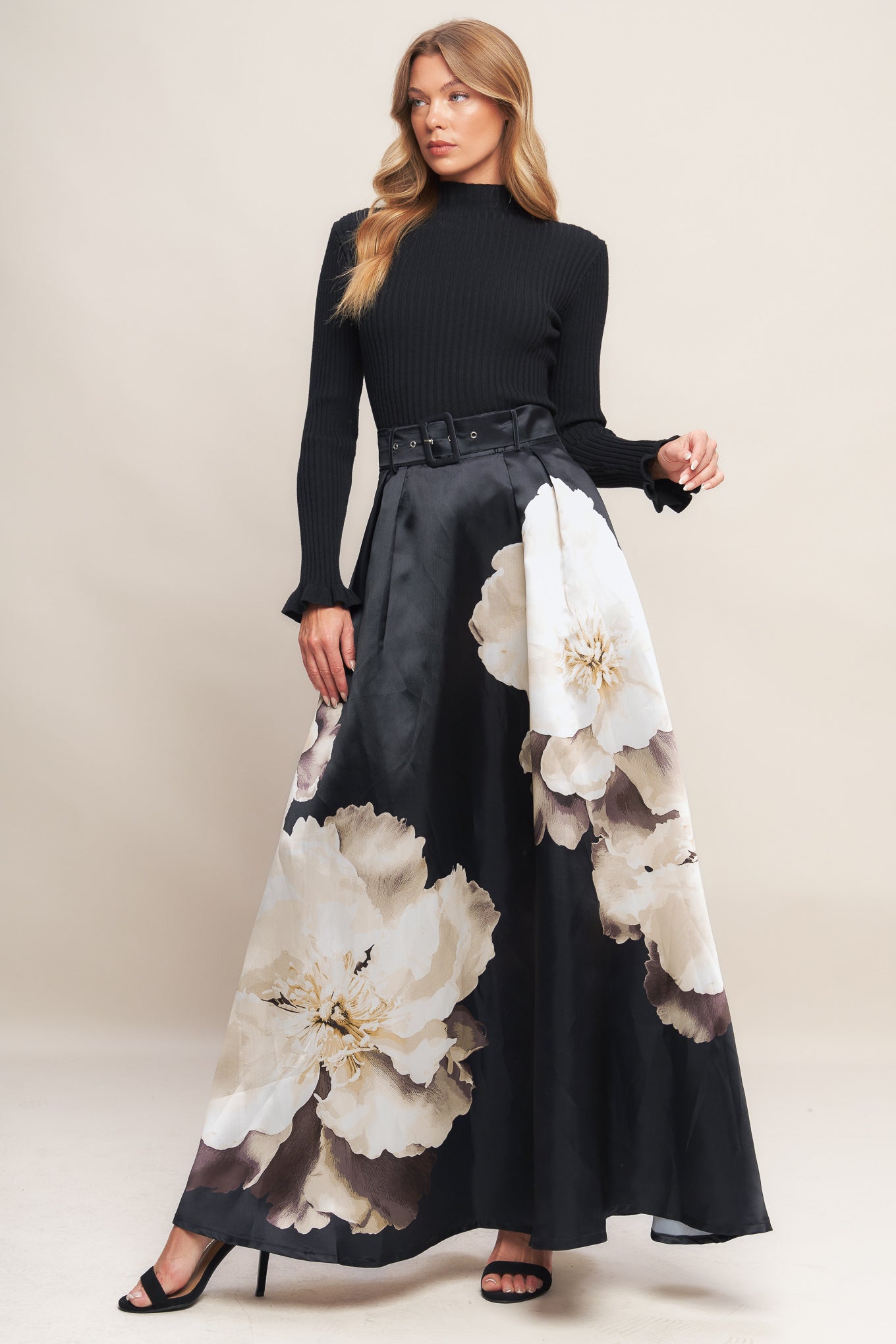 MIDNIGHT BLOOM BELTED WOVEN MAXI SKIRT Flying Tomato