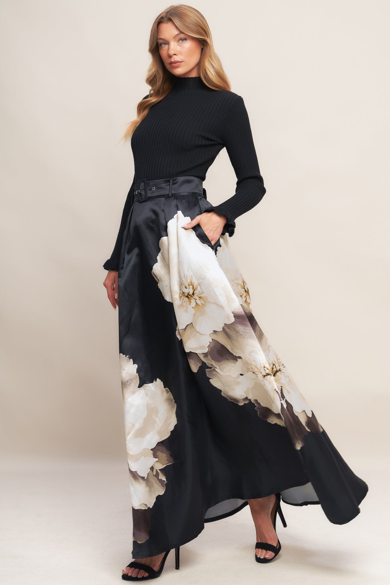 MIDNIGHT BLOOM BELTED WOVEN MAXI SKIRT Flying Tomato