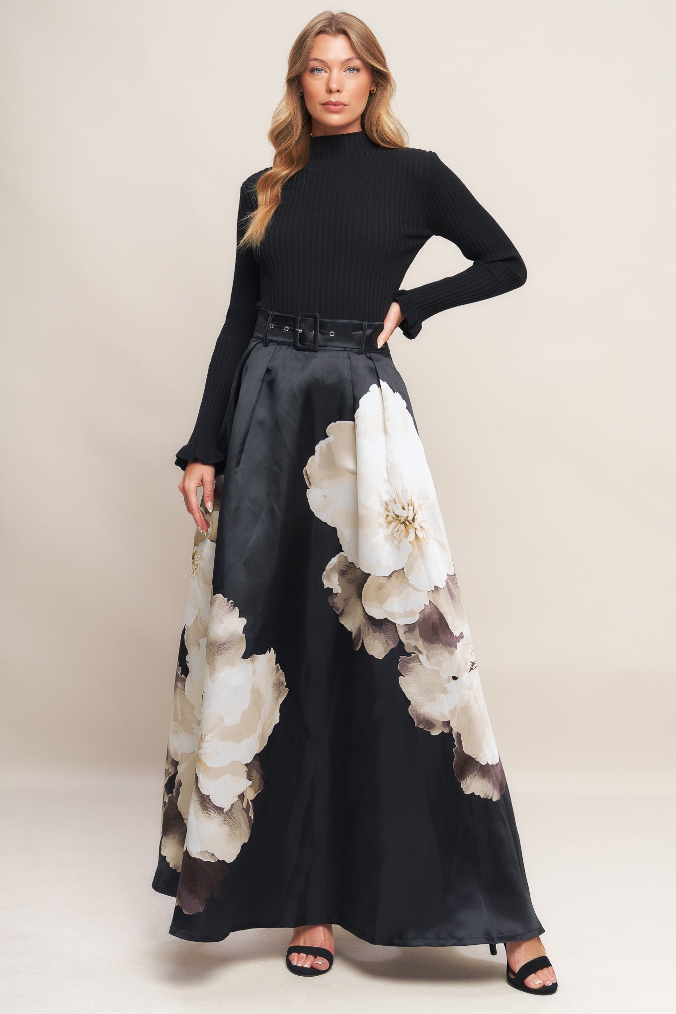 MIDNIGHT BLOOM BELTED WOVEN MAXI SKIRT Flying Tomato
