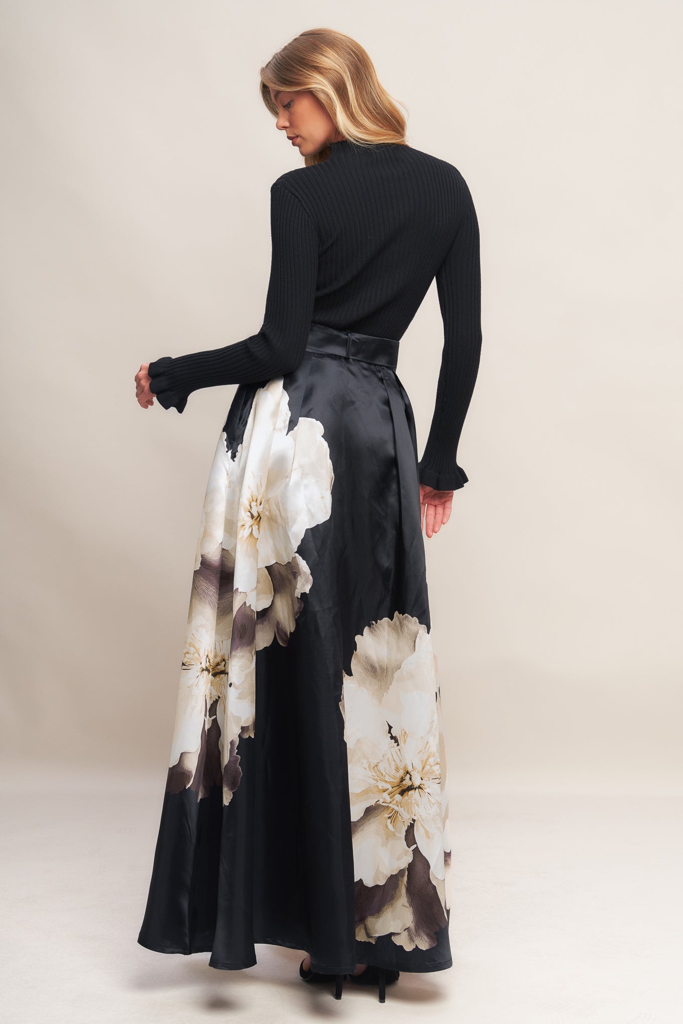 MIDNIGHT BLOOM BELTED WOVEN MAXI SKIRT Flying Tomato