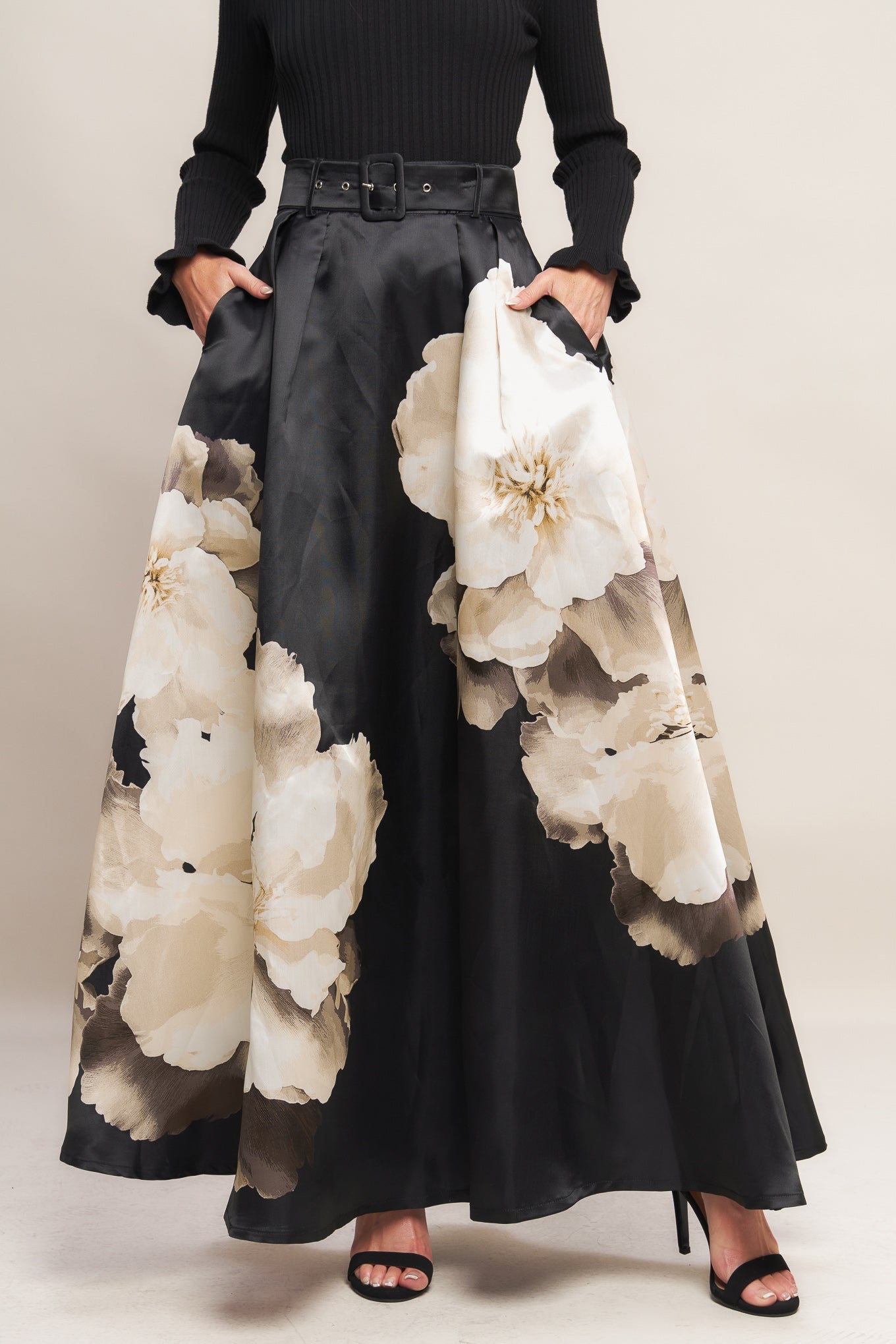 MIDNIGHT BLOOM BELTED WOVEN MAXI SKIRT Flying Tomato