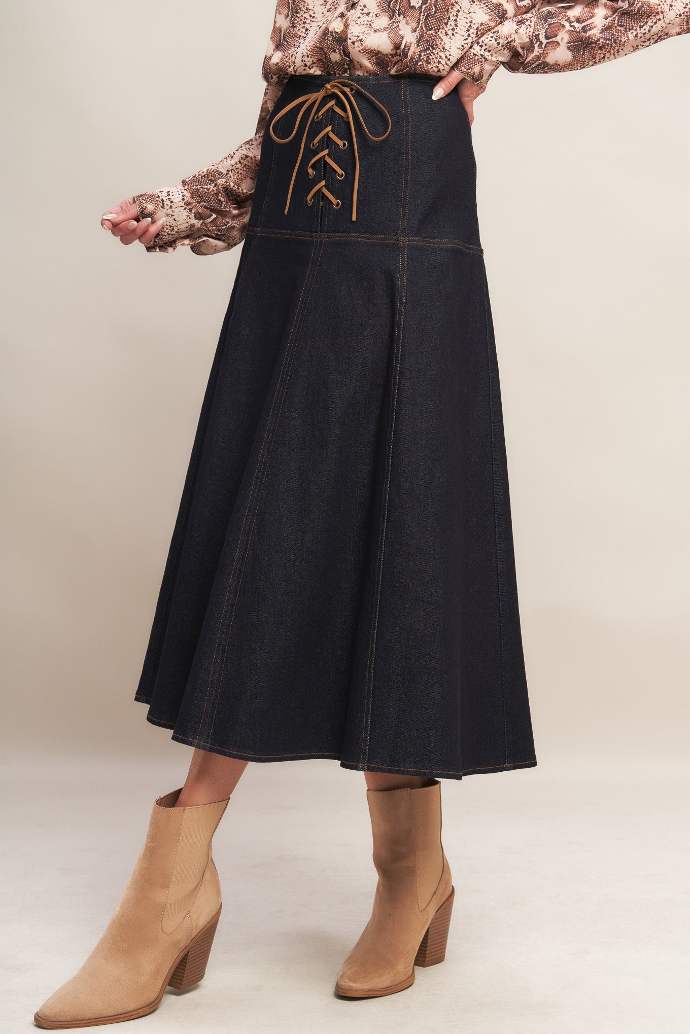 WESTERN MUSE DARK INDIGO DENIM MIDI SKIRT