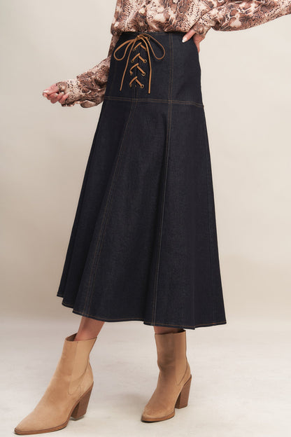 WESTERN MUSE DARK INDIGO DENIM MIDI SKIRT