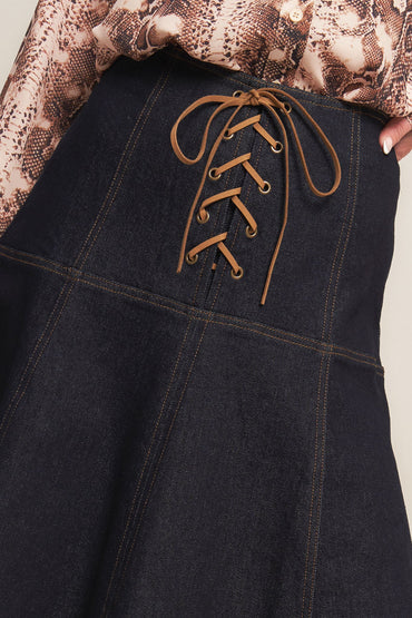 Western Muse Dark Indigo Denim Midi Skirt With Lace Up
