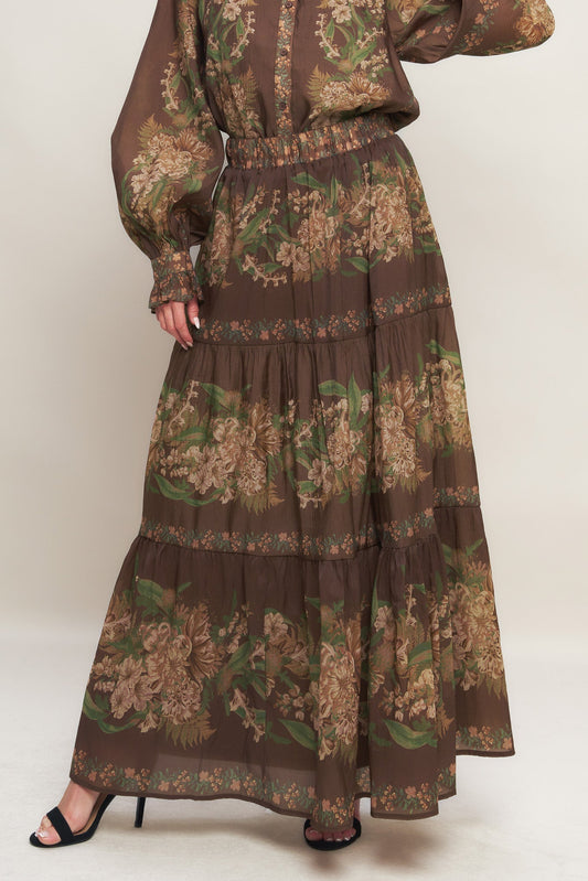 Celebrity Moment Woven Maxi Skirt Elastic Waist Print Flying Tomato