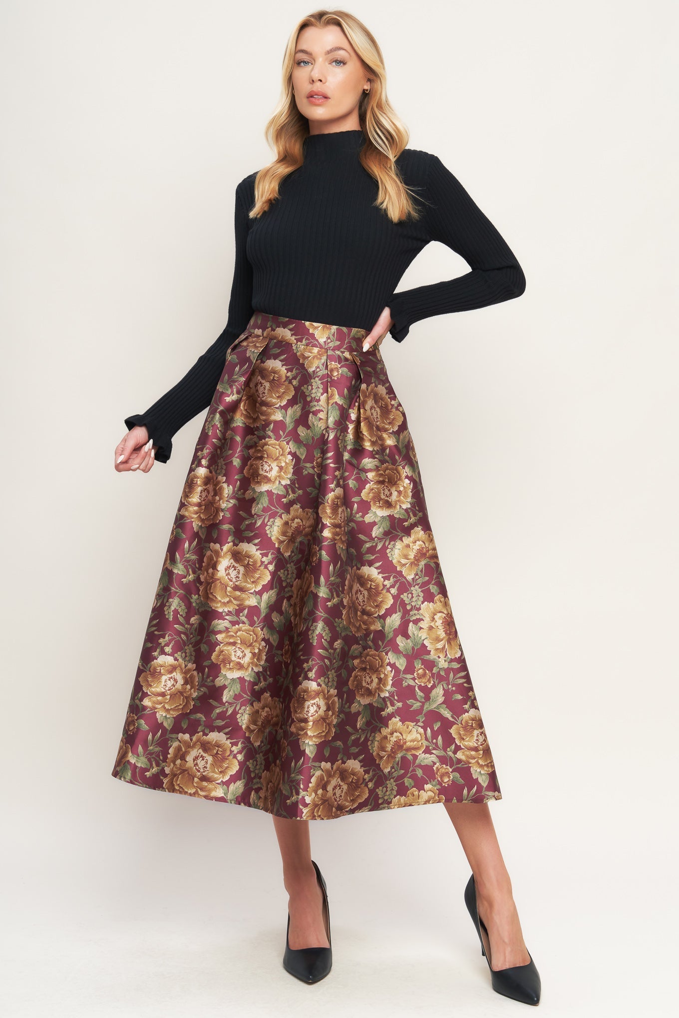 Evening Botanicals Woven Burgundy Floral Midi Skirt Flying Tomato