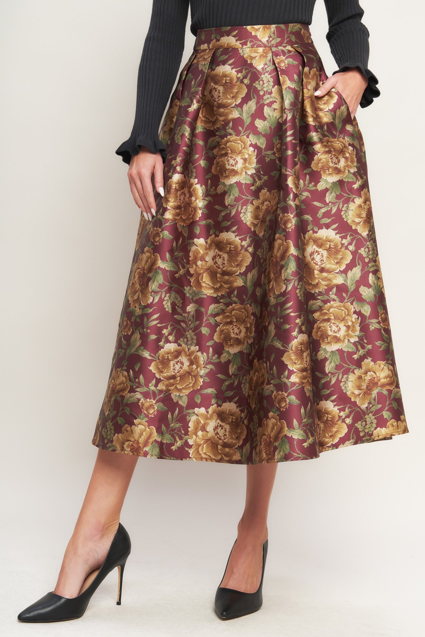 Evening Botanicals Woven Burgundy Floral Midi Skirt Flying Tomato