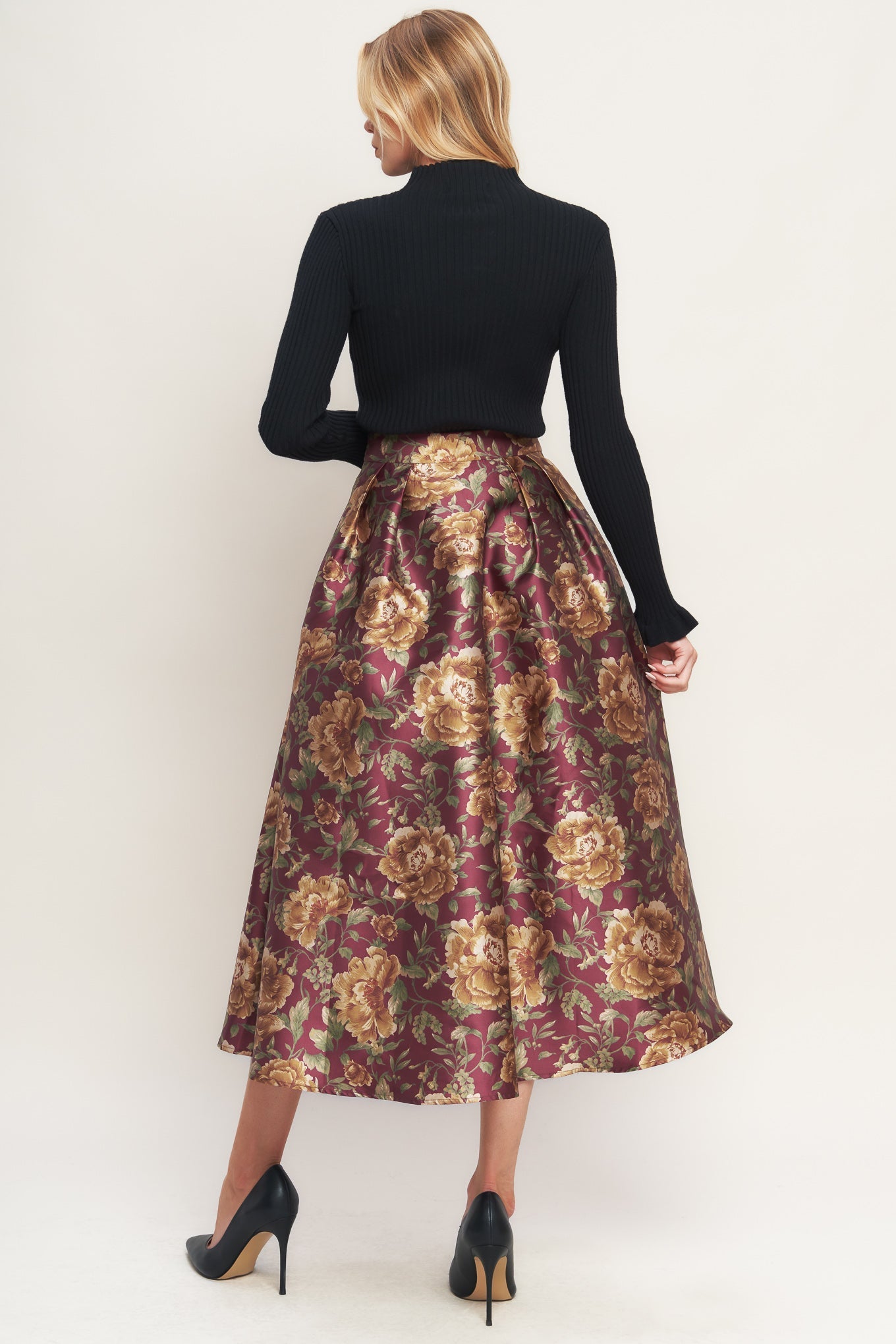 Evening Botanicals Woven Burgundy Floral Midi Skirt Flying Tomato