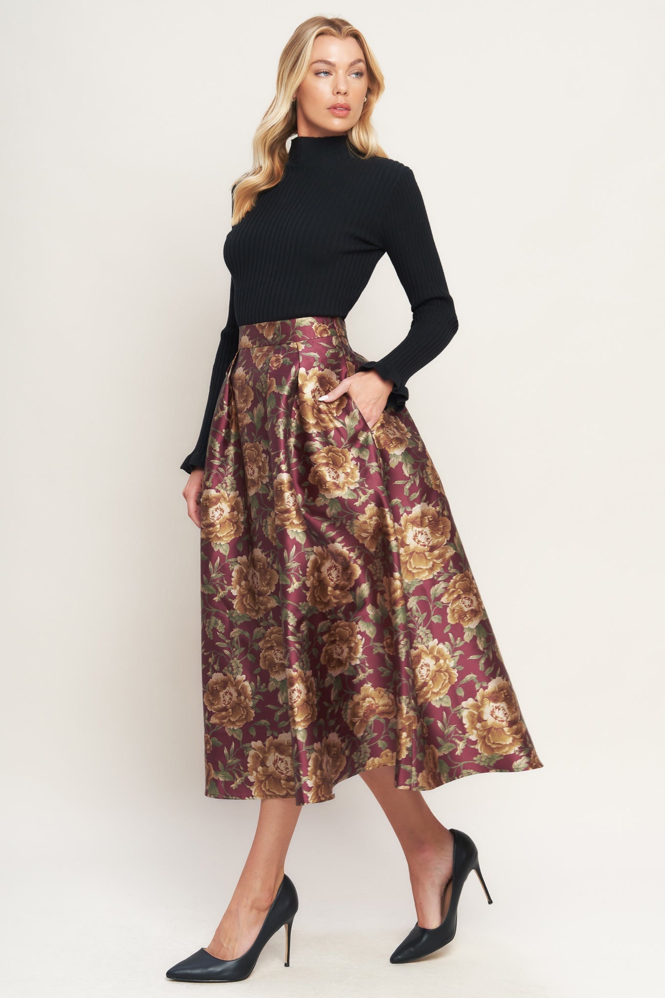 Evening Botanicals Woven Burgundy Floral Midi Skirt Flying Tomato