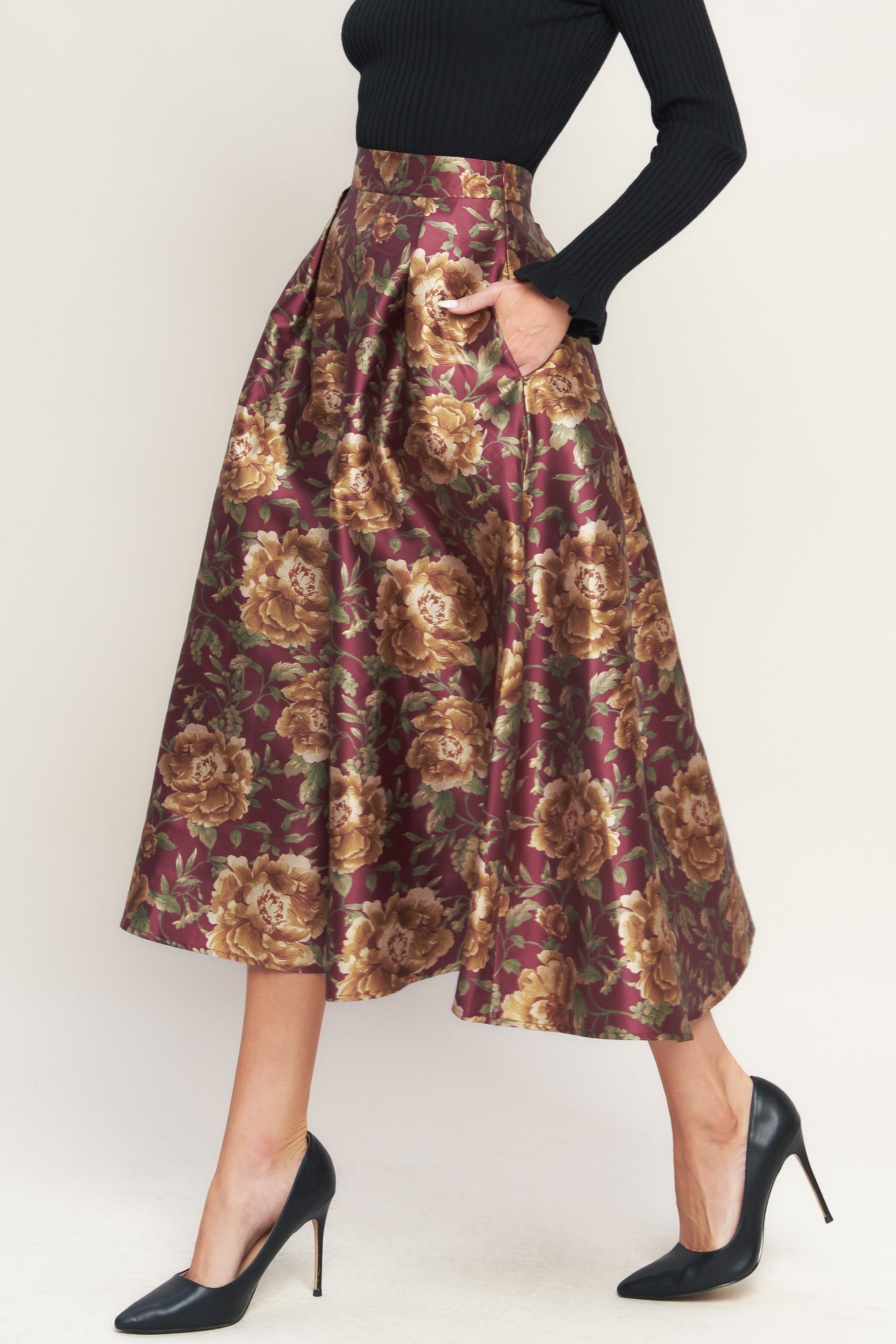 Evening Botanicals Woven Burgundy Floral Midi Skirt Flying Tomato