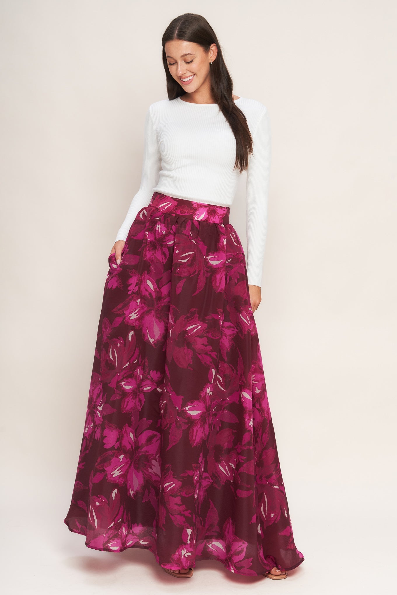Bouquet No 9 Woven Maxi Full Skirt Printed Back Zipper Flying Tomato