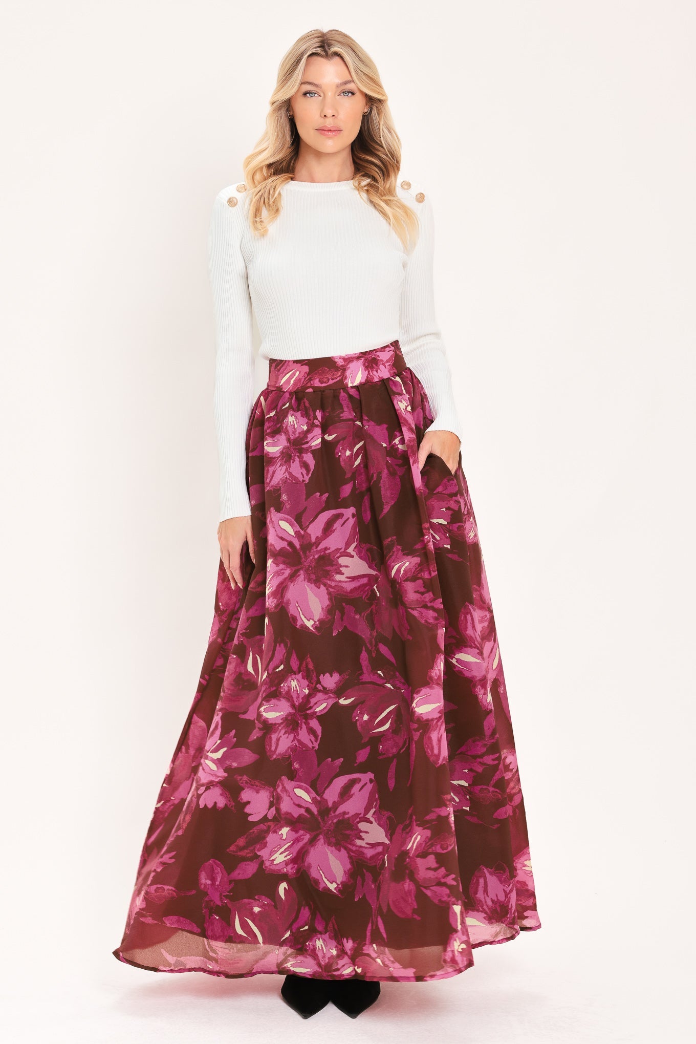 Magenta Bloom Cascade Woven Floral Print High Waist Full Maxi Skirt