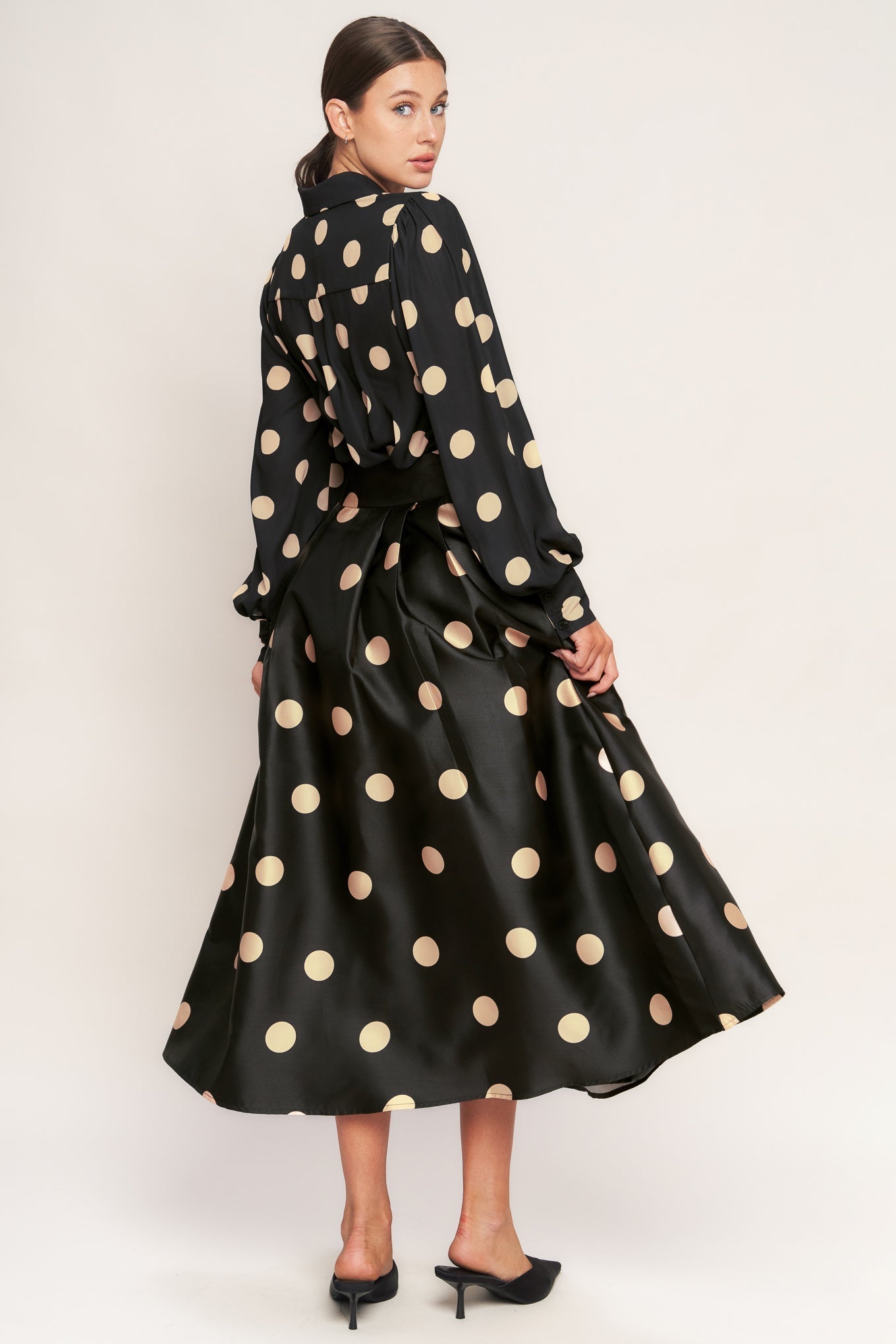 Moonlight Dots Woven Full Midi Skirt With Side Zipper Tie Flying Tomato
