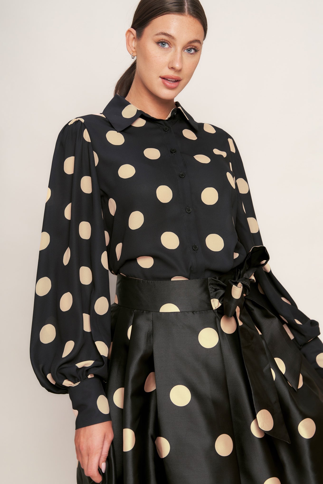 Moonlight Dots Woven Full Midi Skirt With Side Zipper Tie Flying Tomato