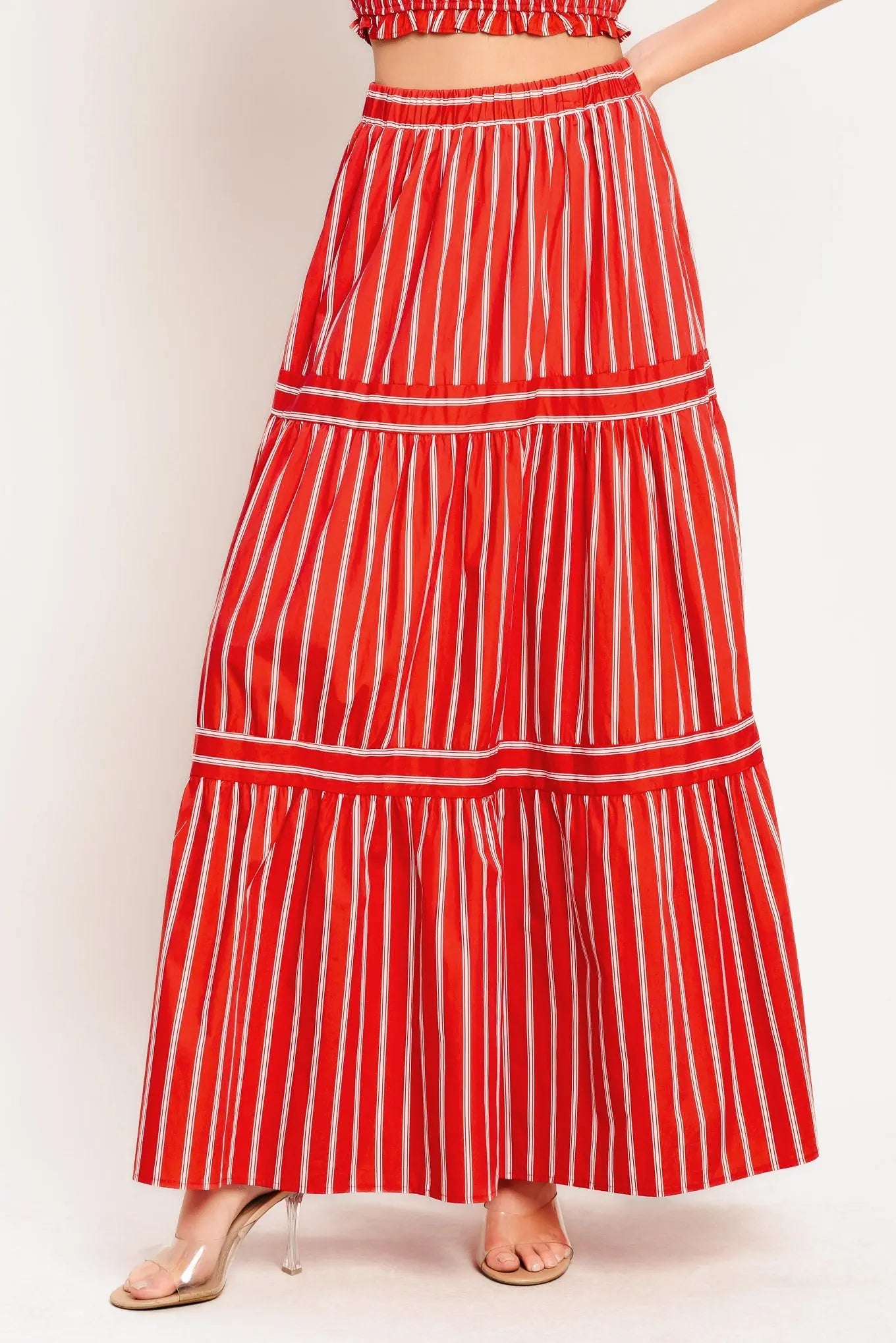 Red Sunset Stripe Woven Maxi Skirt With Elastic Waist And Tiered Design Flying Tomato
