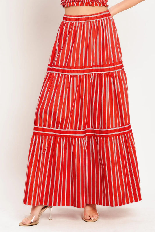 Red Sunset Stripe Woven Maxi Skirt With Elastic Waist And Tiered Design Flying Tomato