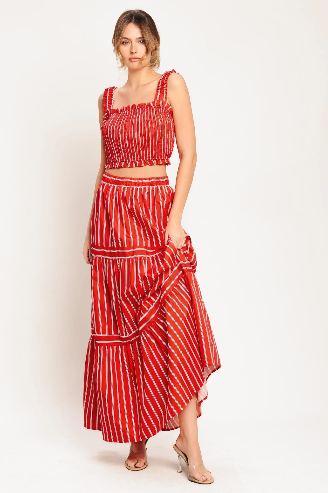 Red Sunset Stripe Woven Maxi Skirt With Elastic Waist And Tiered Design Flying Tomato