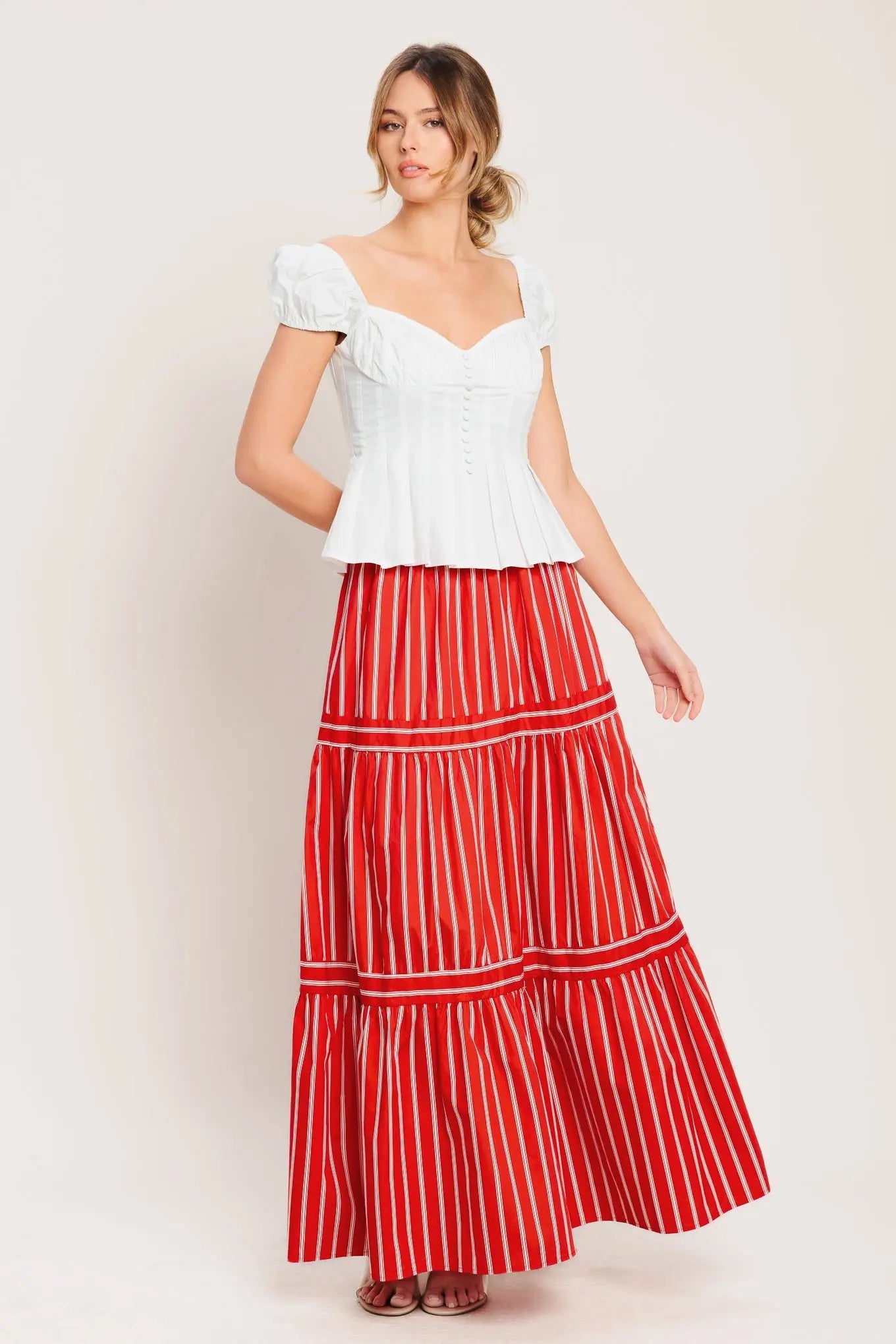 Red Sunset Stripe Woven Maxi Skirt With Elastic Waist And Tiered Design Flying Tomato