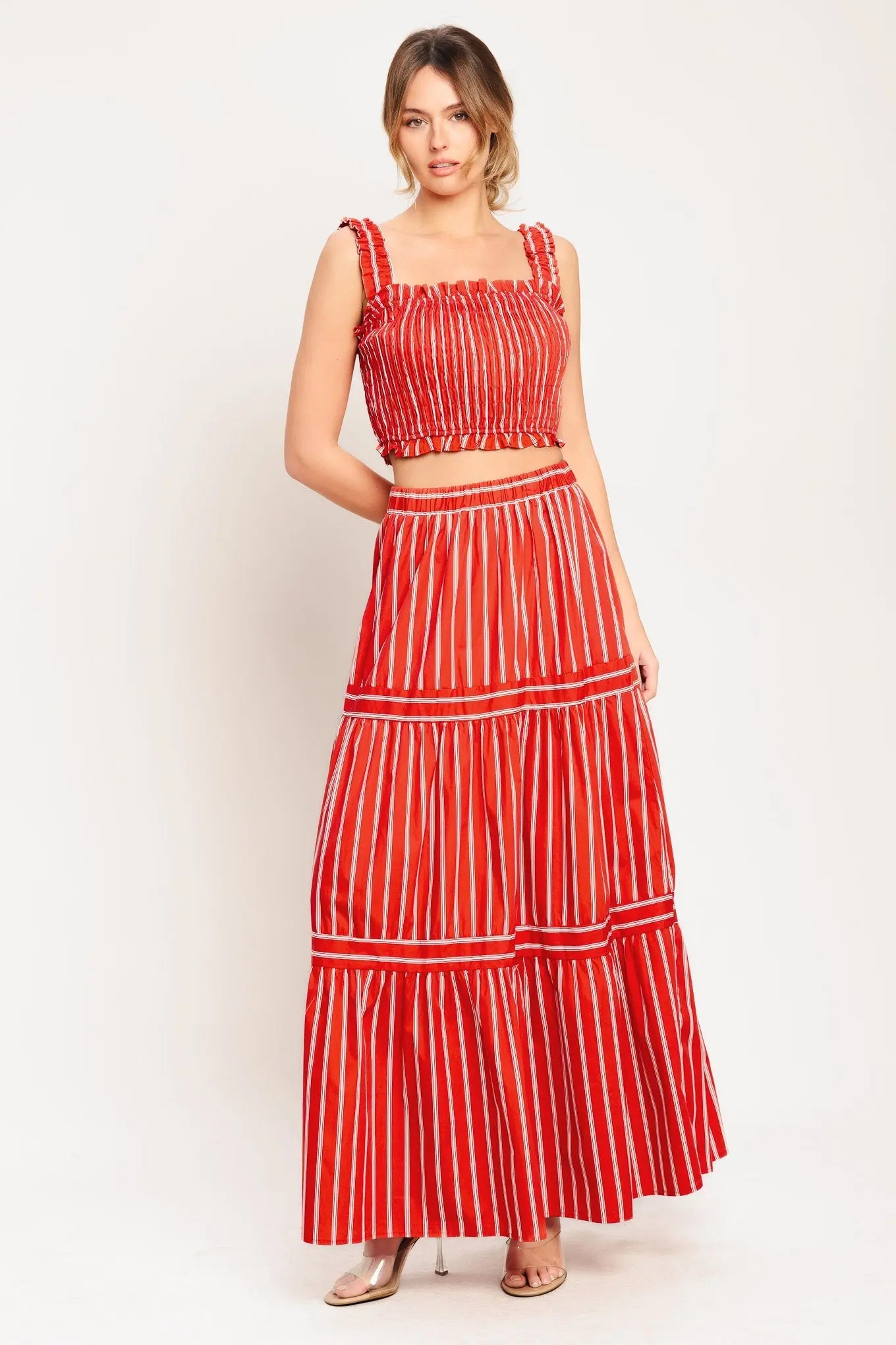 Red Sunset Stripe Woven Maxi Skirt With Elastic Waist And Tiered Design Flying Tomato