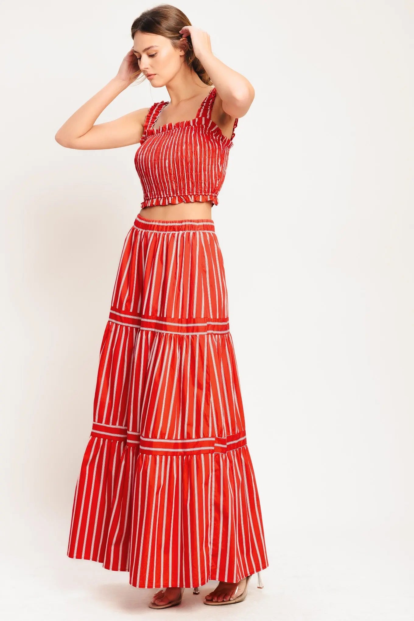 Red Sunset Stripe Woven Maxi Skirt With Elastic Waist And Tiered Design Flying Tomato