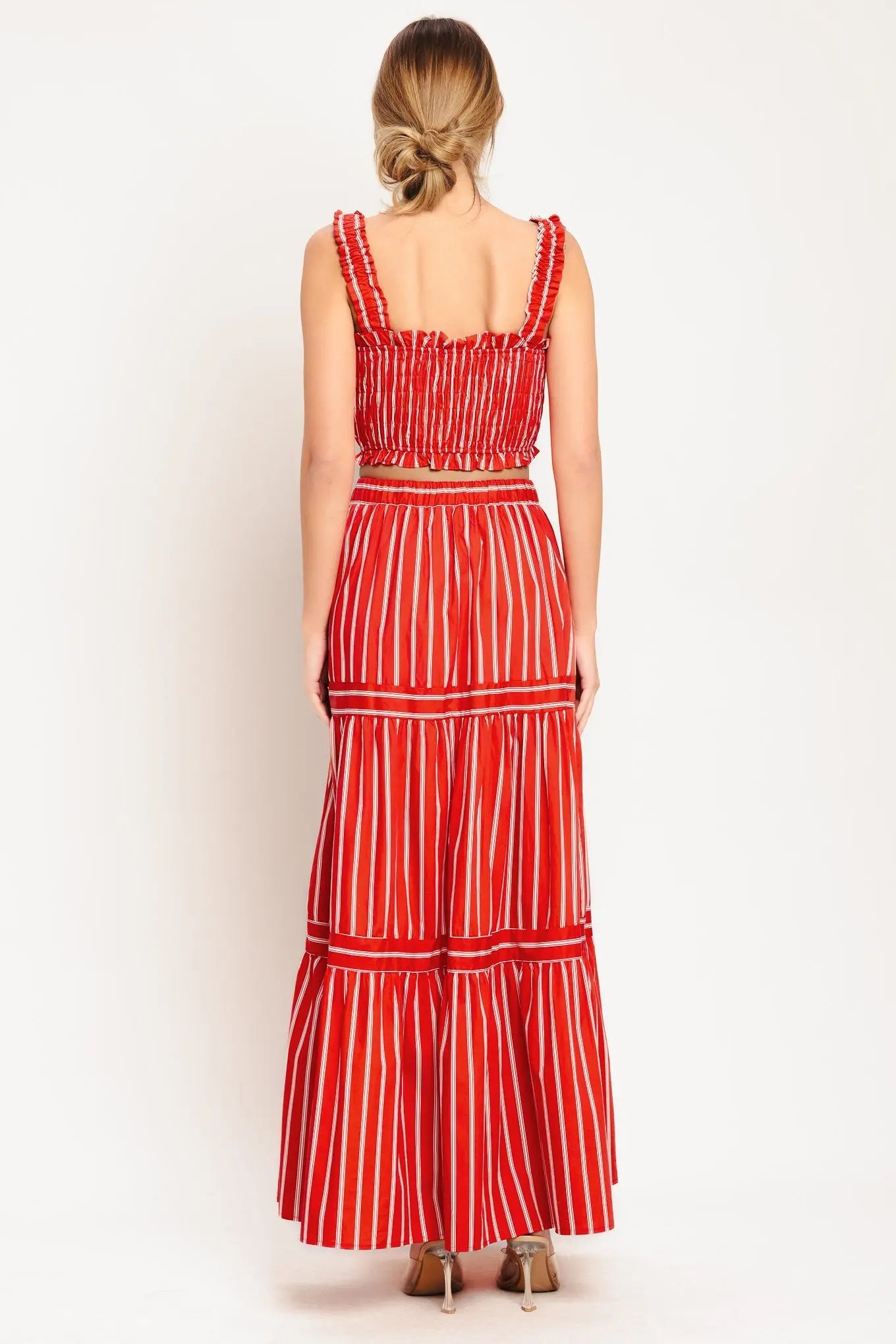 Red Sunset Stripe Woven Maxi Skirt With Elastic Waist And Tiered Design Flying Tomato