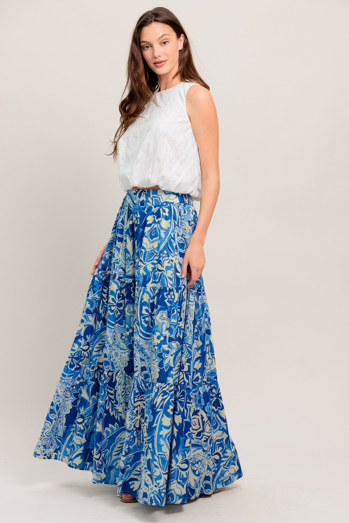 Printed Cotton Maxi Skirt With Tiered Design And Smocked Back Waistband Flying Tomato