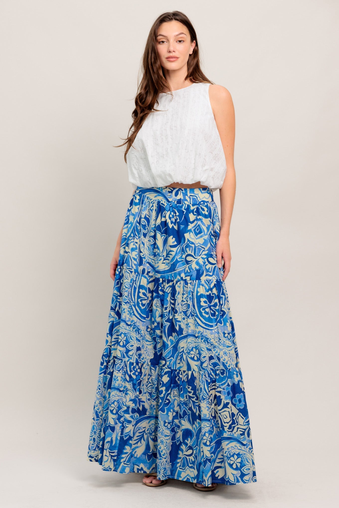 Printed Cotton Maxi Skirt With Tiered Design And Smocked Back Waistband Flying Tomato