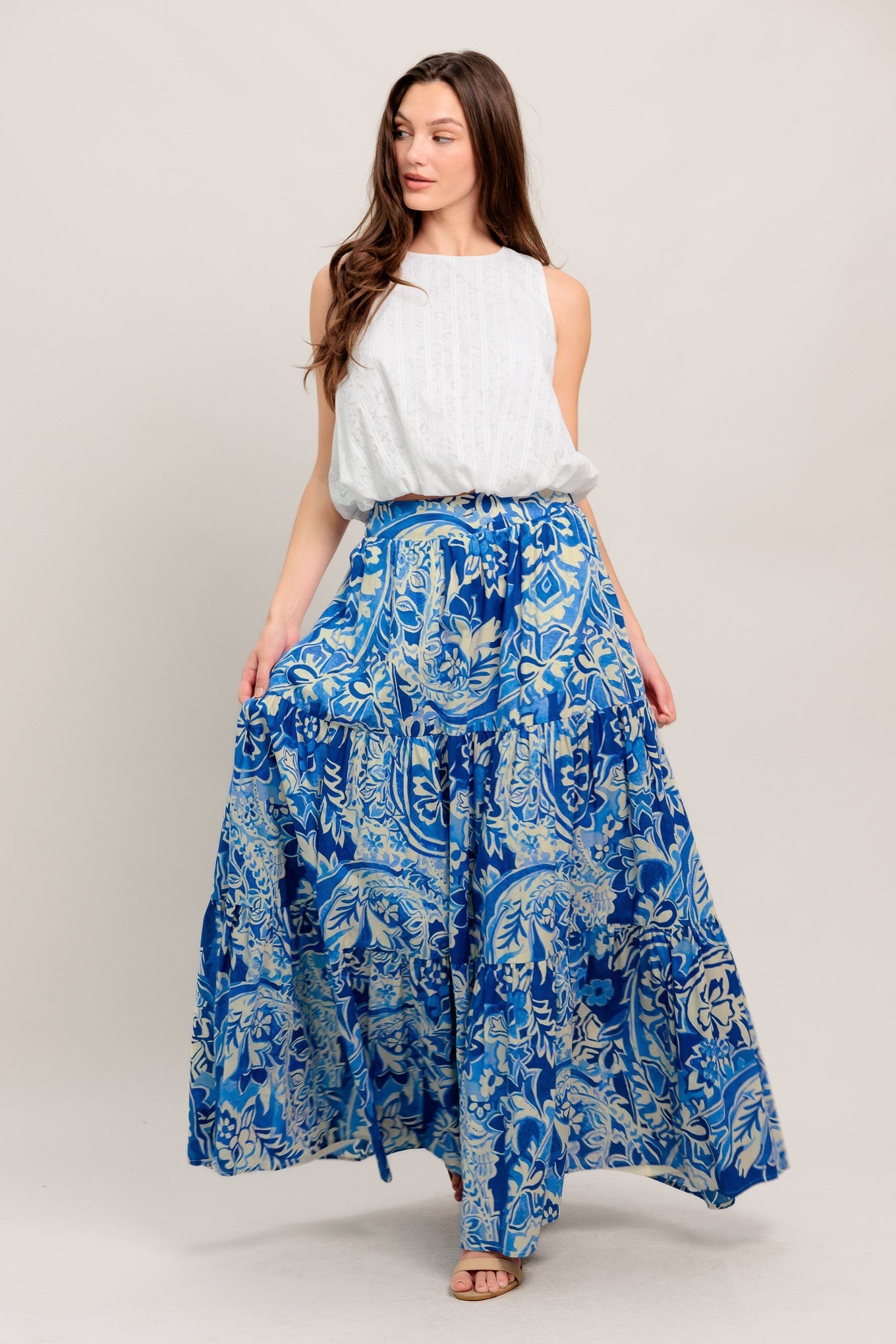 Printed Cotton Maxi Skirt With Tiered Design And Smocked Back Waistband Flying Tomato