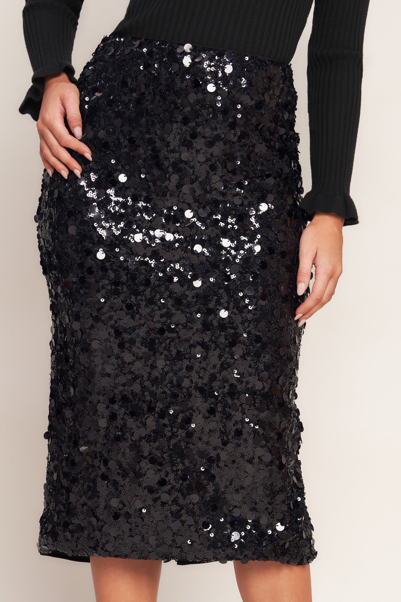 Midnight Spark Sequin Pencil Midi Skirt With Zipper Flying Tomato